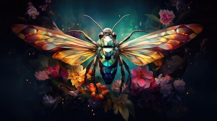 Fototapeta na wymiar a colorful insect sitting on top of a lush green field filled with lots of pink and yellow flowers on top of a dark blue background. generative ai