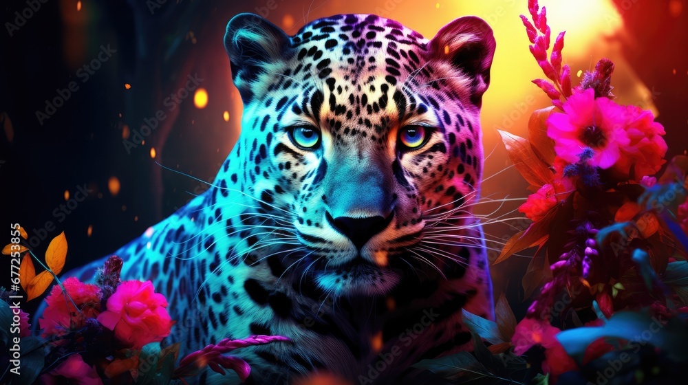 Poster a close up of a leopard in a field of flowers on a dark background with bright light coming from beh