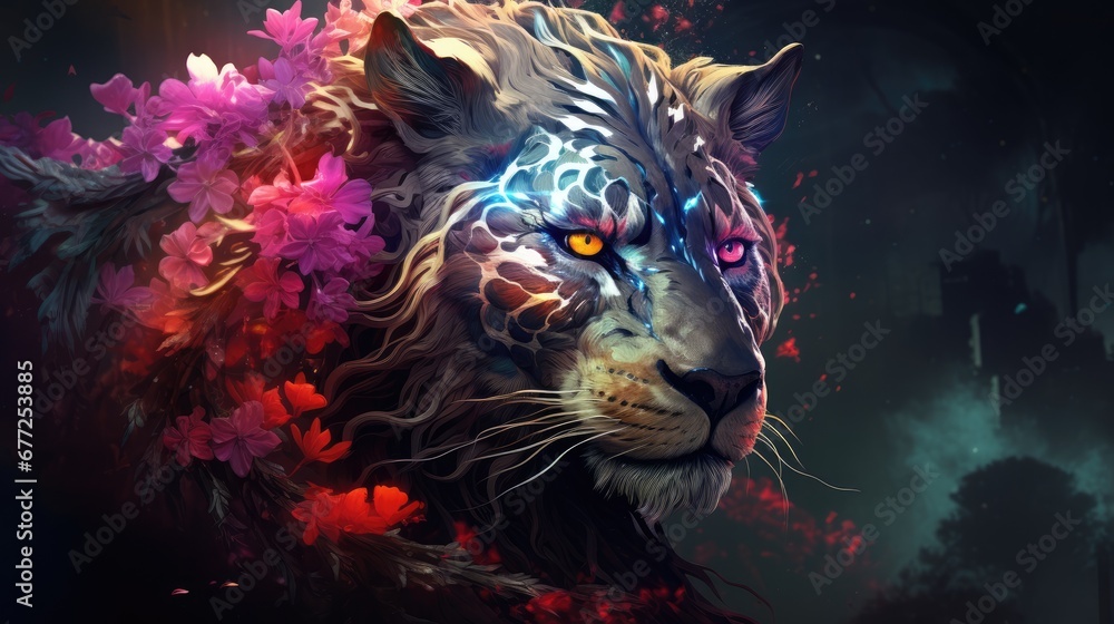 Poster a close up of a lion with flowers on it's head and a building in the back ground behind it. generati
