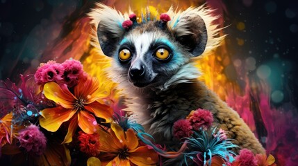  a close up of a painting of a lemur with flowers in the foreground and a fire in the background.  generative ai - obrazy, fototapety, plakaty