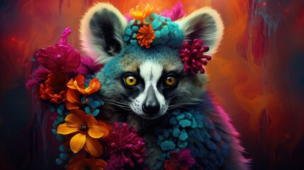 a close up of a racoon with flowers on it's head and a flower crown on its head.  generative ai