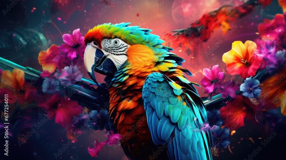 Poster a colorful parrot sitting on a branch of a tree with flowers on it's back and a space in the backgro