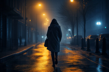 Woman walking along a rainy street at night