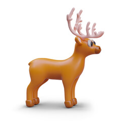 3D funny deer with horns. Color image in plasticine style. Christmas character. Image on white background. Santas helper. Template for positive winter design, decoration