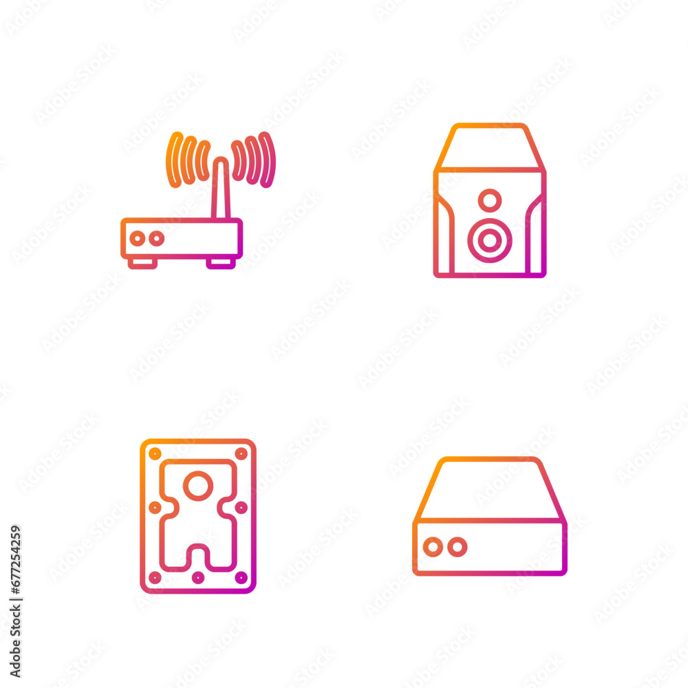 Poster set line server, data, web hosting, hard disk drive hdd, router and wi-fi signal and uninterruptible