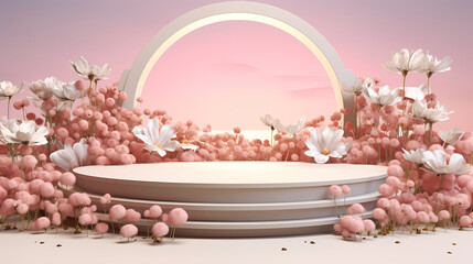 Pink flowers Valentine's Day product booth scene, e-commerce, podium, stage, product demonstration background, PPT background, 3D rendering