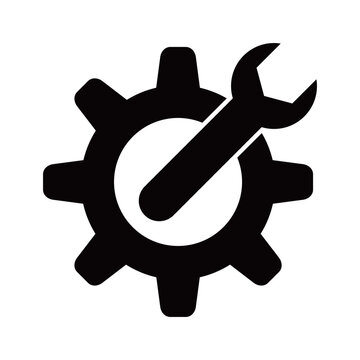 Wrench And Gear Cogwheel Icon In Trendy Flat Design. Repair Sign And Symbol.