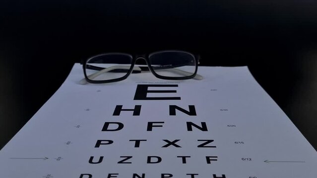 Stylish children glasses on a visual testing chart isolated on black. Vision and treatment