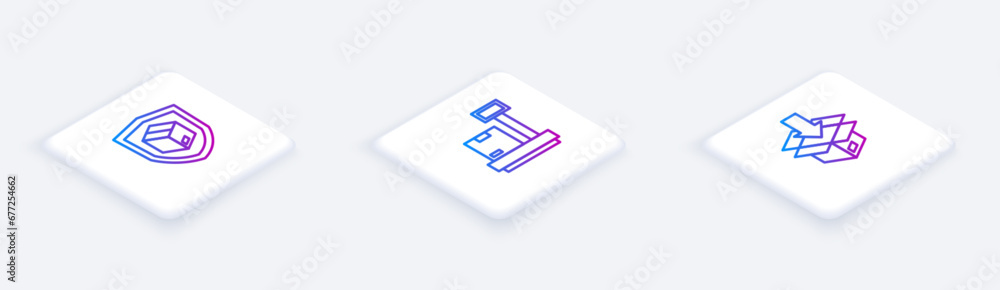 Poster set isometric line delivery security with shield, scale cardboard box and carton. white square butto