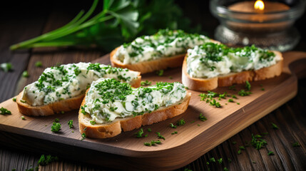 Slices of baguette are spread with cream cheese and garnished with chives and parsley on a wooden cutting board, placed on a dark wooden background.