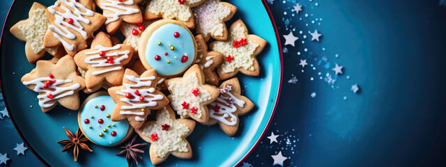Christmas cookies on a plate against a blue background