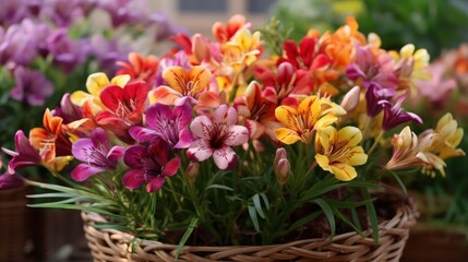 Beautiful alstroemeria flowers in basket on table, closeup. Mother's day concept with a space for a text. Valentine day concept with a copy space.