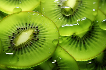 Kiwi fruit slices with water drops on top view. Slices ripe juicy kiwi fruit. Fresh kiwi fruit sliced use for background. Background from pieces of juicy kiwi with water drops.