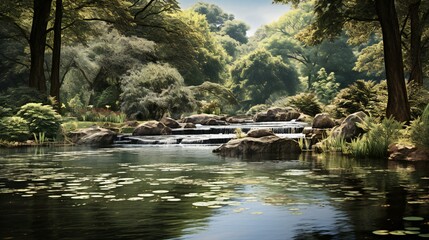 a pond in a japanese garden with rocks and water lillies