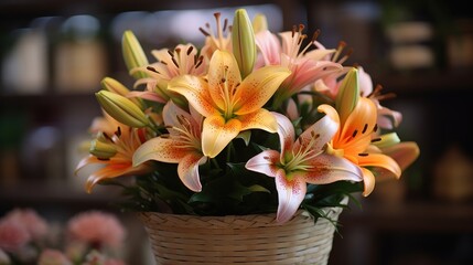 Bouquet of orange lilies in a wicker basket on a blurred background. Mother's day concept with a space for a text. Valentine day concept with a copy space.