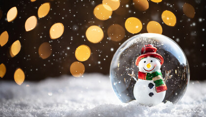 Christmas snowman in glass ball on snow