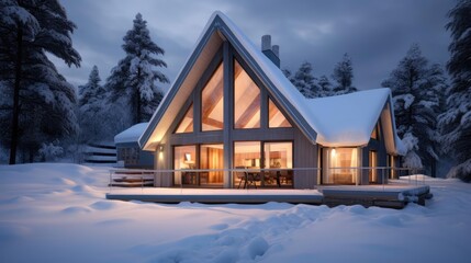 The front of modern exterior of luxury cottage covered in deep snow in winter evening 