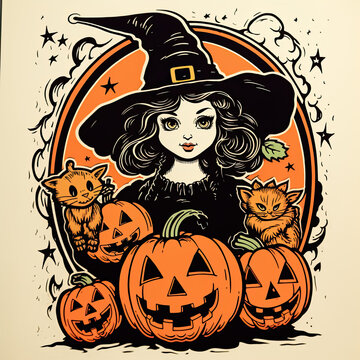 Vintage Image Featuring Witch, Cat, and Jack-o'-Lantern, Styled as a Coloring Book Page with Black Outlines Only, Emulating the Vintage Halloween Die Cut Decorations. 