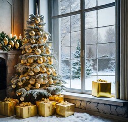 Christmas tree in the fireplace with big snowy window with gold boxes presents