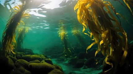 Fototapeta na wymiar The Channel Islands in California host a vibrant submerged forest of Giant Kelp home to countless marine species With copyspace