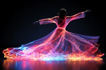 Gordijnen Generative ai creative collage of charming gorgeous lady in fiery gown dance for magical ritual © deagreez