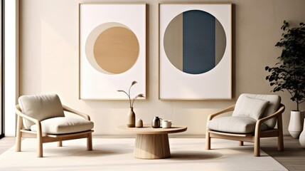 Two beige lounge chairs and round coffee table against wall with frames Japandi home interior design of modern living room 