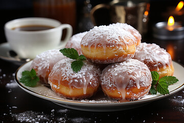 German donuts - krapfen or berliner - filled with jam. Associated with the concepts of Fat Tuesday, Fat Thursday, and Mardi Gras festival. AI - obrazy, fototapety, plakaty