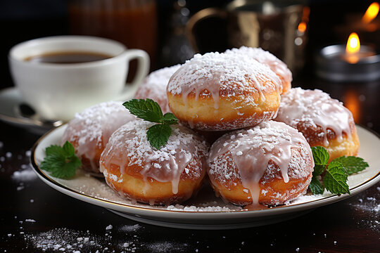 German donuts - krapfen or berliner - filled with jam. Associated with the concepts of Fat Tuesday, Fat Thursday, and Mardi Gras festival. AI