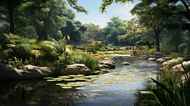 a pond in a japanese garden with rocks and water lillies