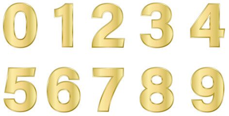 Set of golden numbers with frames isolated on white. Alphabet with numbers. Vector graphic elements for design. Gold, metal, luxury
