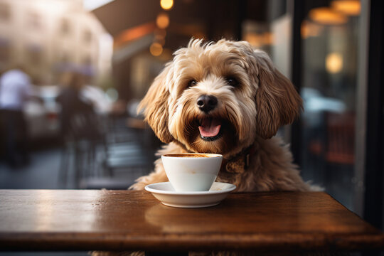 Extravagant fluffy pet drinking his morning coffee portion in modern cafeteria Generative AI