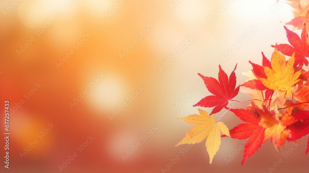 Poster web banner design for autumn season and end year activity with red and yellow maple leaves with soft