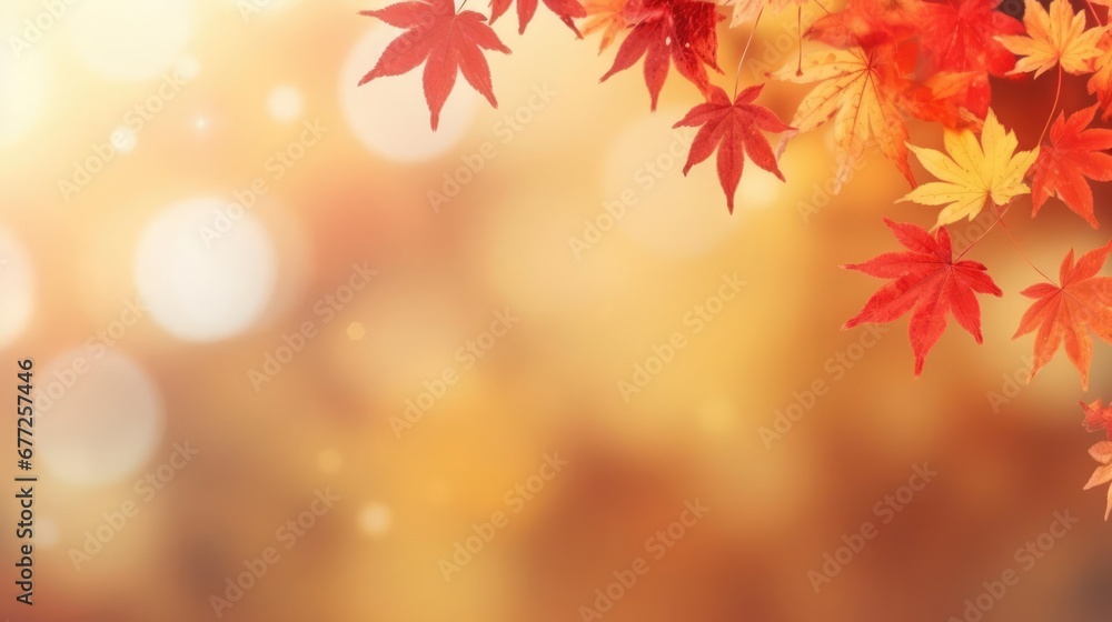 Poster web banner design for autumn season and end year activity with red and yellow maple leaves with soft