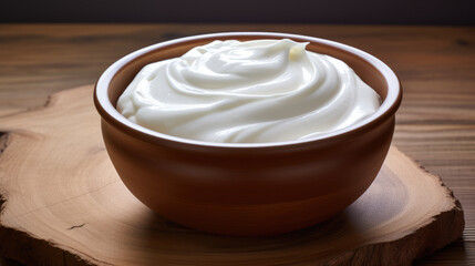 A luscious, smooth white cream is showcased in a wooden bowl, highlighting its glossy texture and rich consistency.