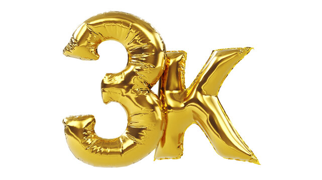 3D render of Golden 3K sign isolated on white background, 3k followers celebration.
