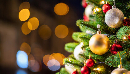 Christmas tree with decorations and blurred background