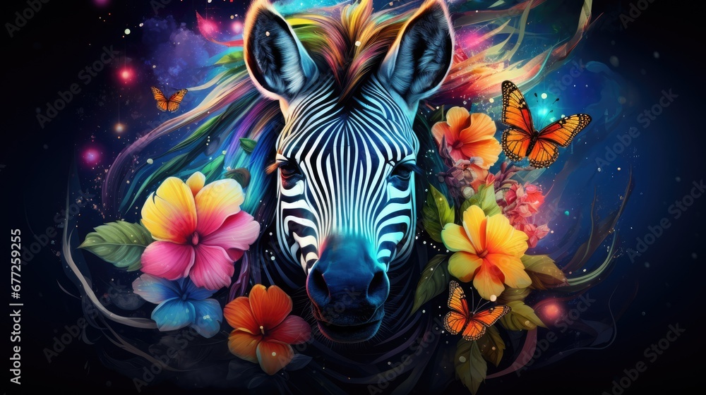 Poster a close up of a zebra surrounded by flowers and butterflies on a black background with a butterfly o