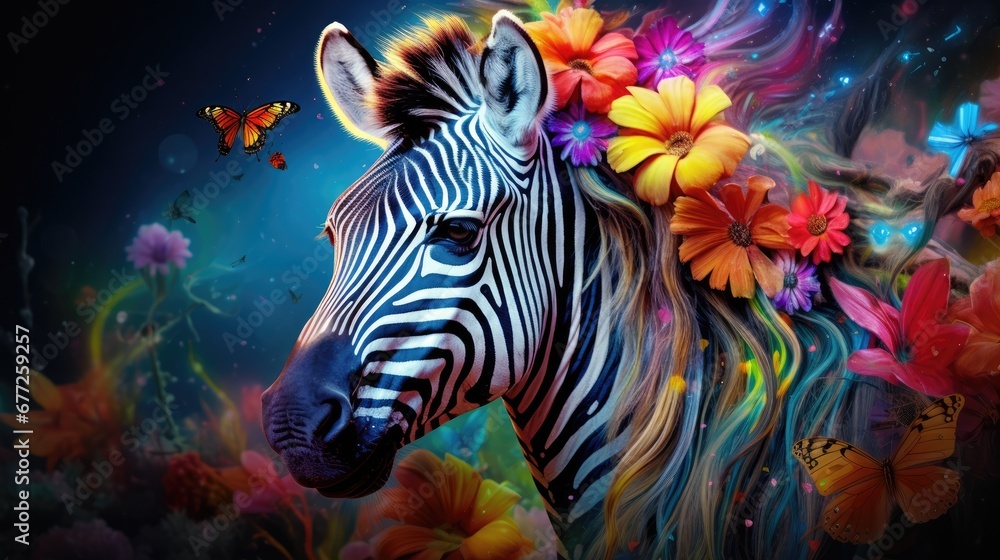 Poster a close up of a zebra with a bunch of flowers on it's head and a butterfly in the background. genera