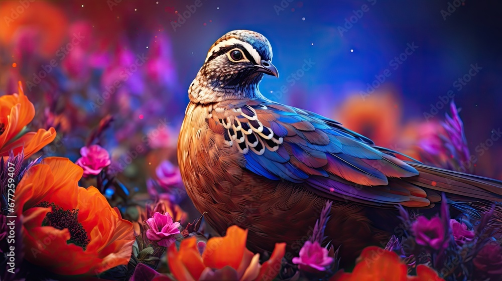 Aufkleber a close up of a bird on a field of flowers with a blue sky in the background and a few orange and pi