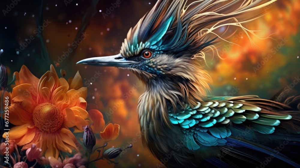 Poster a painting of a bird with feathers on it's head and a flower in front of a dark background. generati