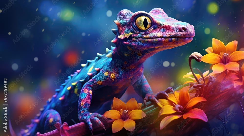 Poster a close up of a lizard on a branch with flowers in the foreground and a blue sky in the background. 