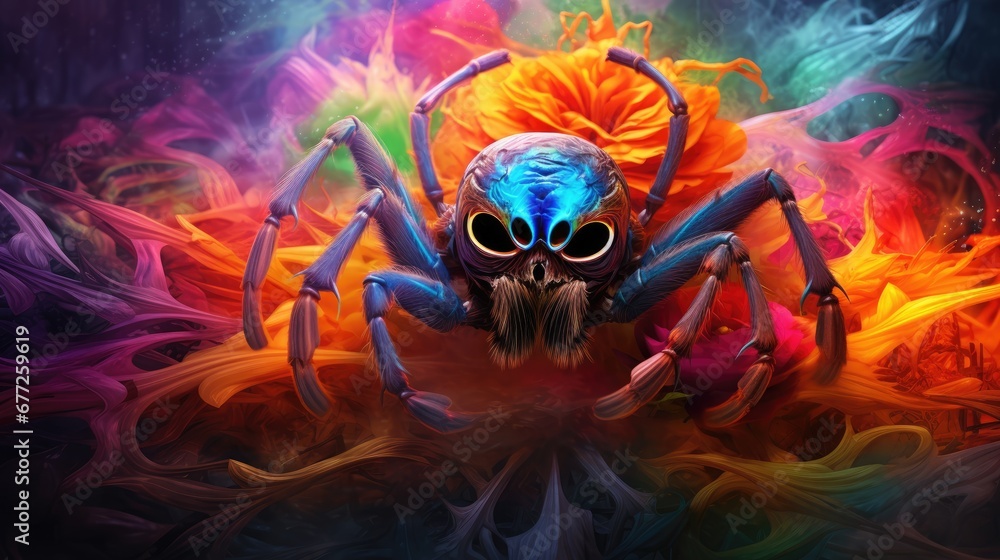 Poster a close up of a spider with a skull on it's face and a lot of colors in the background. generative a