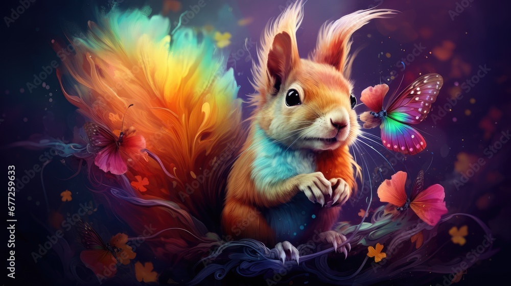 Aufkleber a painting of a squirrel with a butterfly on it's back and a butterfly on it's back. generative ai