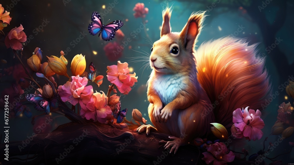 Poster a painting of a squirrel sitting on a tree branch with flowers and a butterfly in the sky in the bac