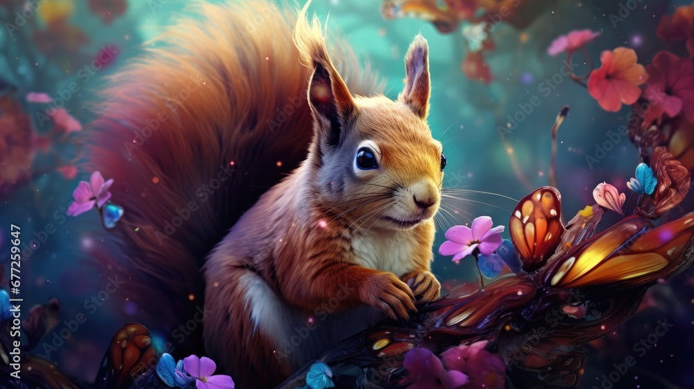 Poster a painting of a squirrel sitting on a tree branch with a butterfly in its mouth and a butterfly in i