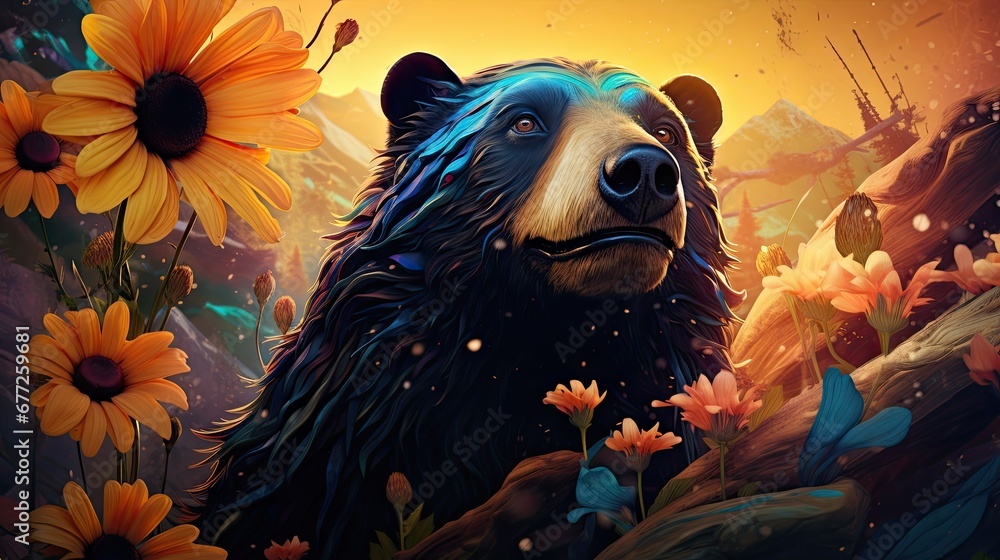 Sticker  a painting of a bear with sunflowers in the foreground and a yellow sky in the back ground.  generative ai