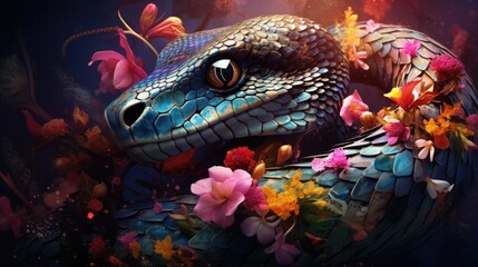 Fototapeta premium a close up of a blue snake with flowers on it's head and a body of water in the background. generative ai