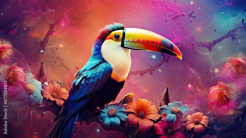 Poster a colorful painting of a toucan bird sitting on a branch with flowers in front of a multicolored bac
