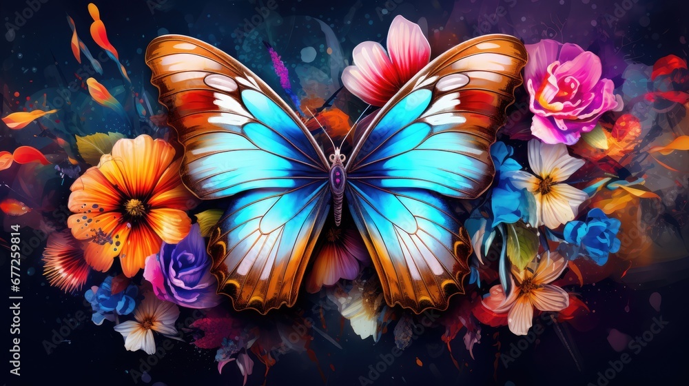 Poster a painting of a butterfly and flowers on a dark background with a splash of paint on the bottom of t