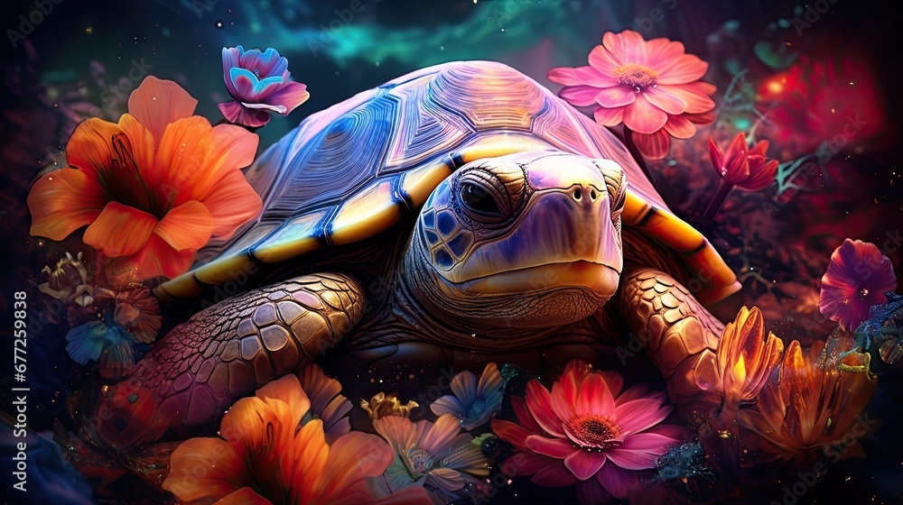 Poster a painting of a turtle in a field of flowers on a dark background with a blue sky in the background.